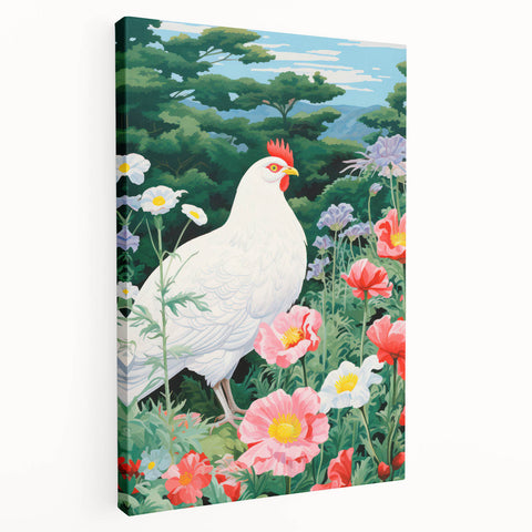 Maximalist Wall Art - Vibrant Nature Scene with White Hen and Flowers