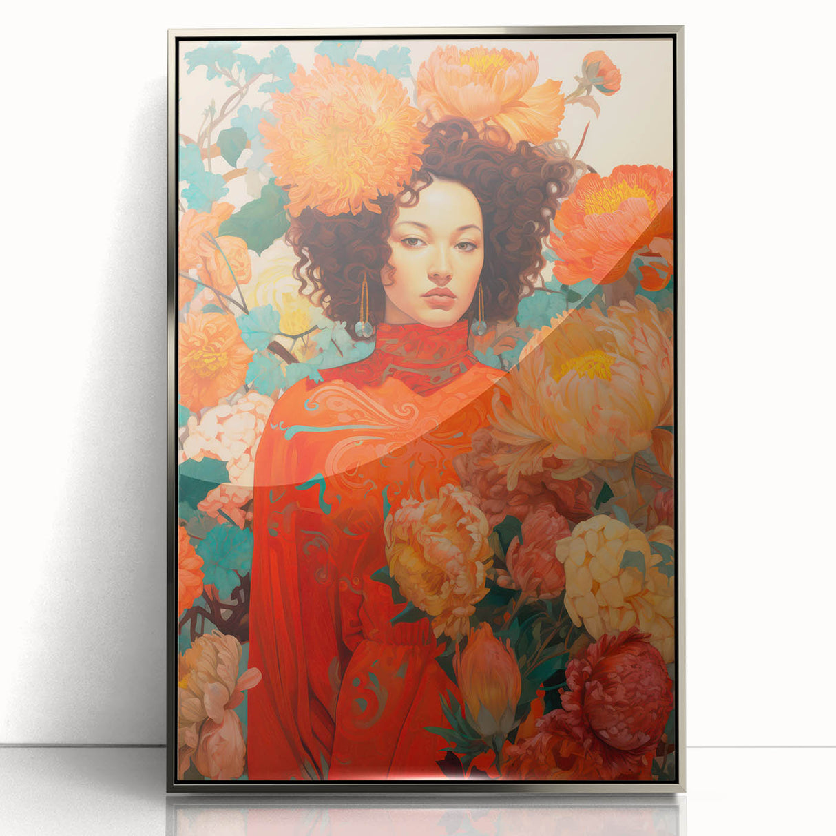 Maximalist Wall Art - Vibrant Floral Portrait with Bold Orange Hues