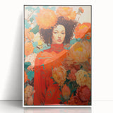 Maximalist Wall Art - Vibrant Floral Portrait with Bold Orange Hues