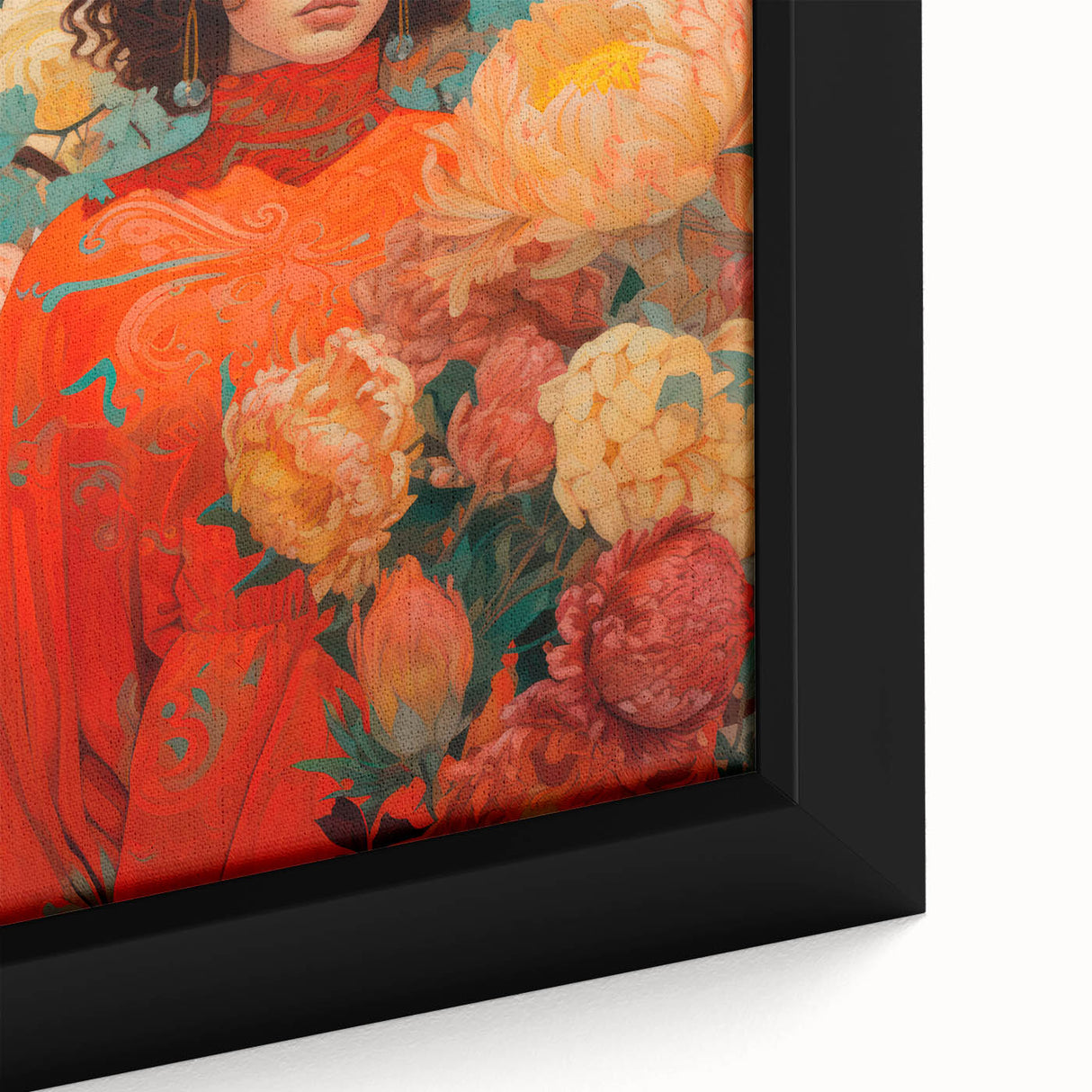 Maximalist Wall Art - Vibrant Floral Portrait with Bold Orange Hues