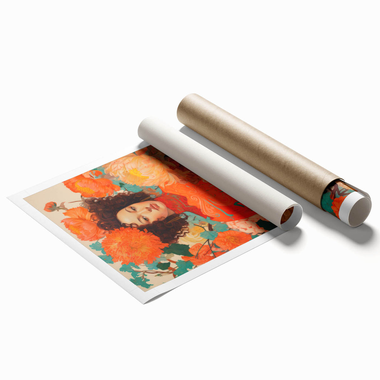 Maximalist Wall Art - Vibrant Floral Portrait with Bold Orange Hues