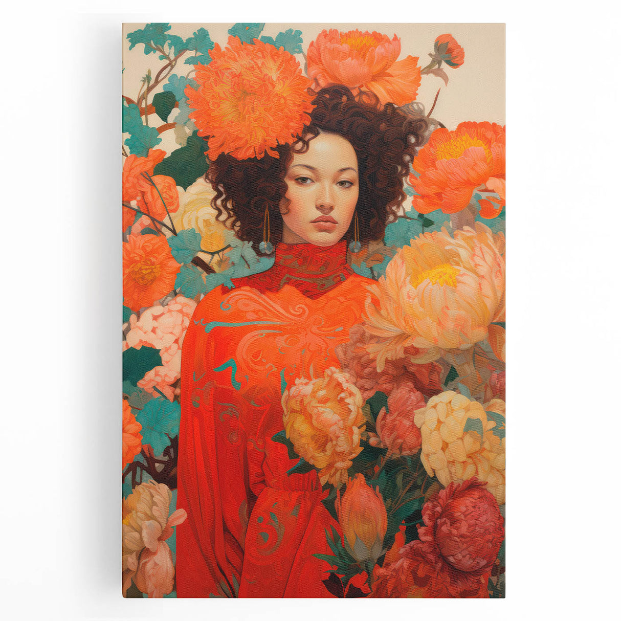 Maximalist Wall Art - Vibrant Floral Portrait with Bold Orange Hues