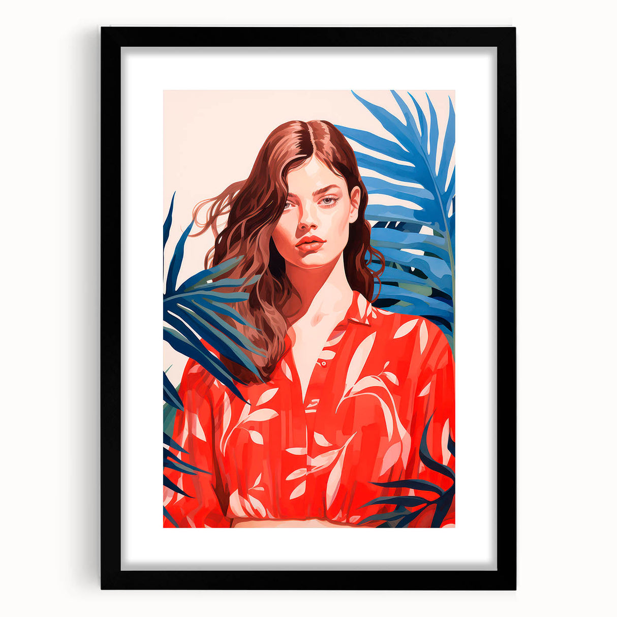 Maximalist Wall Art - Vibrant Tropical Portrait with Bold Red Accents