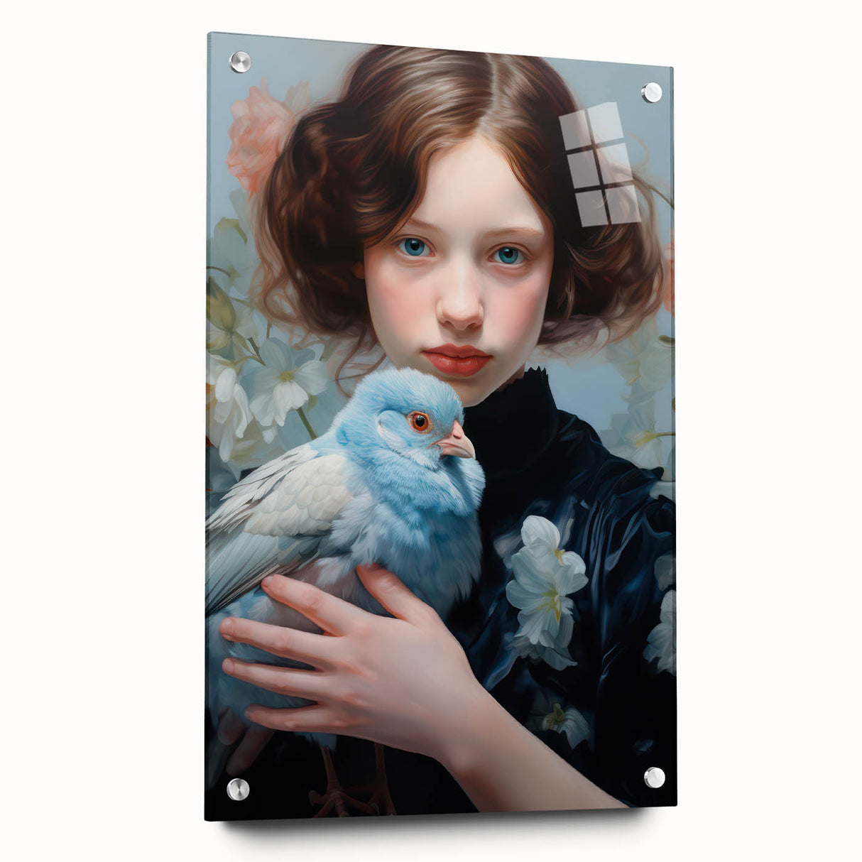 Maximalist Wall Art – Elegant Portrait with Bird for Eclectic Decor Style