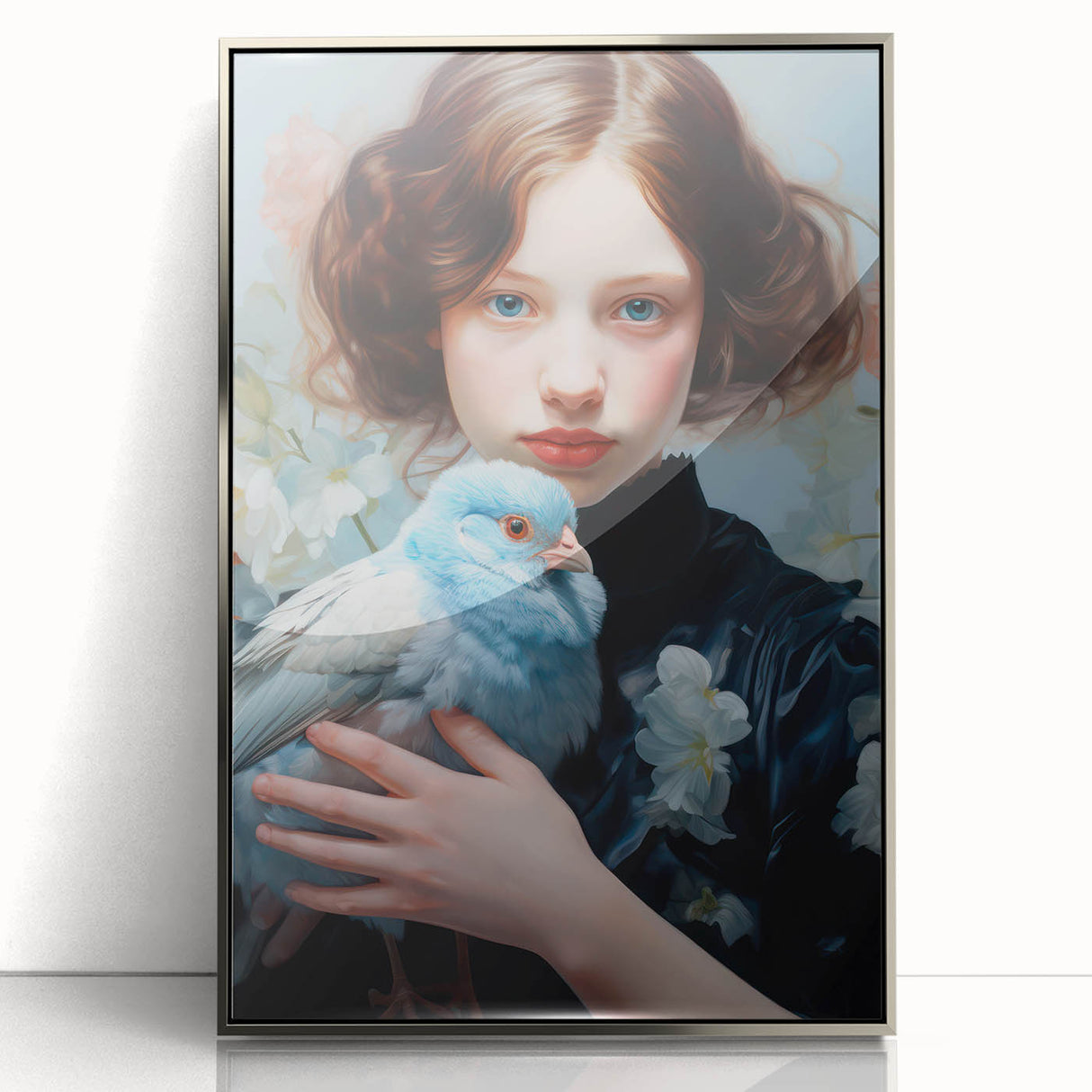 Maximalist Wall Art – Elegant Portrait with Bird for Eclectic Decor Style