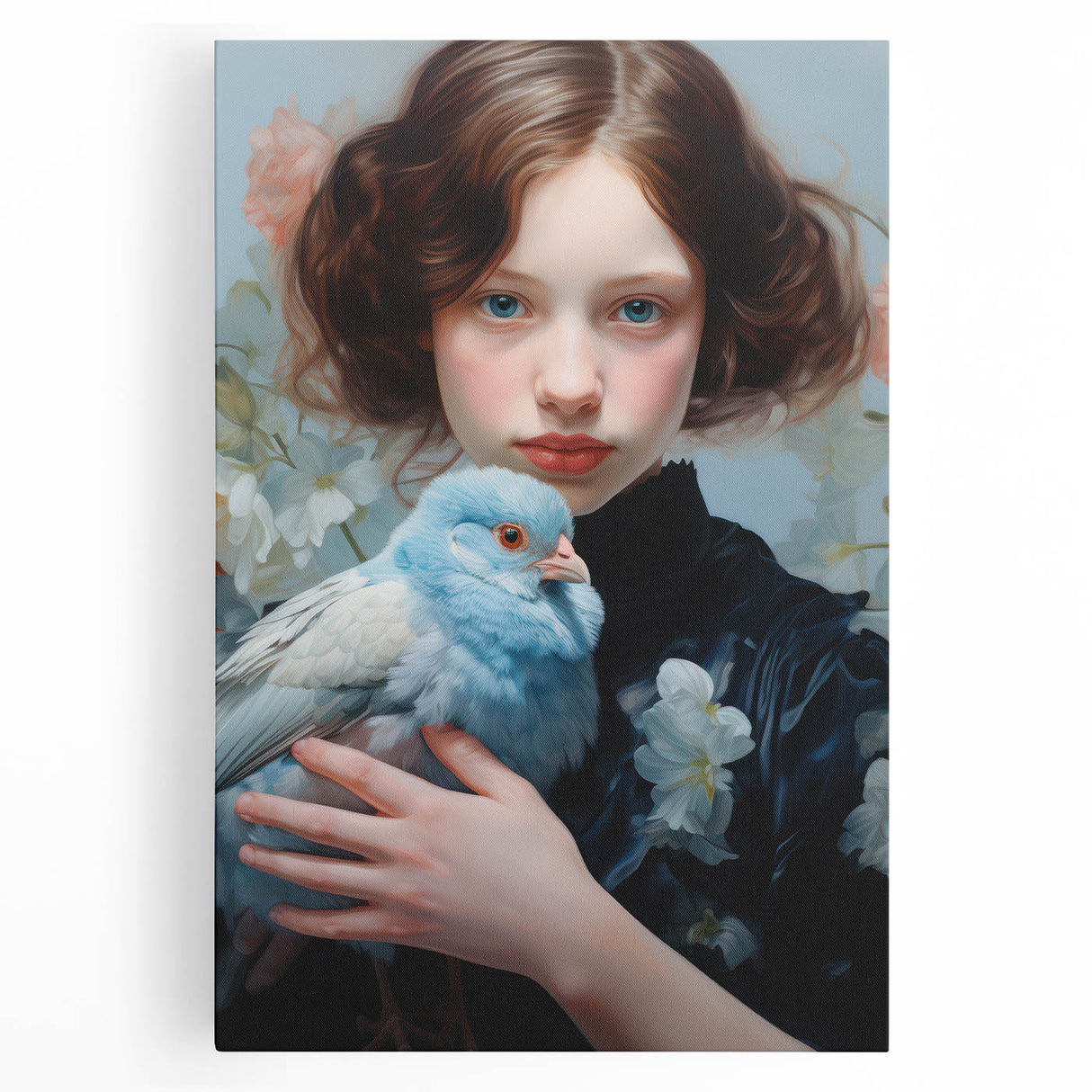 Maximalist Wall Art – Elegant Portrait with Bird for Eclectic Decor Style