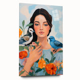 Maximalist Wall Art – Vibrant Portrait with Birds and Flowers for Eclectic Style