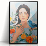Maximalist Wall Art – Vibrant Portrait with Birds and Flowers for Eclectic Style