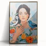 Maximalist Wall Art – Vibrant Portrait with Birds and Flowers for Eclectic Style