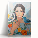 Maximalist Wall Art – Vibrant Portrait with Birds and Flowers for Eclectic Style