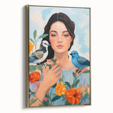Maximalist Wall Art – Vibrant Portrait with Birds and Flowers for Eclectic Style