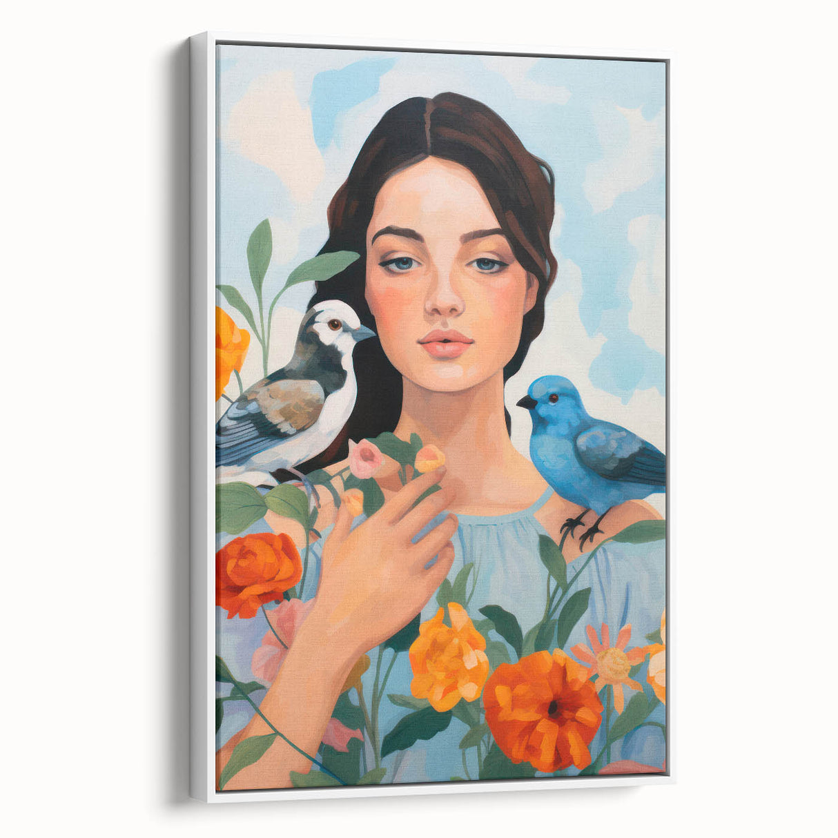 Maximalist Wall Art – Vibrant Portrait with Birds and Flowers for Eclectic Style