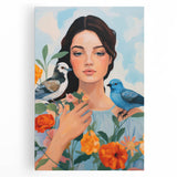 Maximalist Wall Art – Vibrant Portrait with Birds and Flowers for Eclectic Style