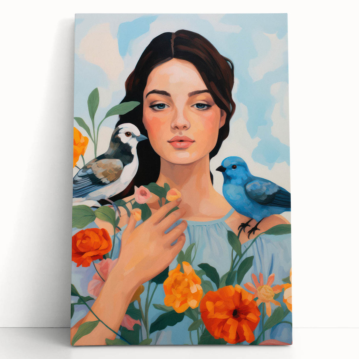 Maximalist Wall Art – Vibrant Portrait with Birds and Flowers for Eclectic Style