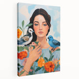 Maximalist Wall Art – Vibrant Portrait with Birds and Flowers for Eclectic Style