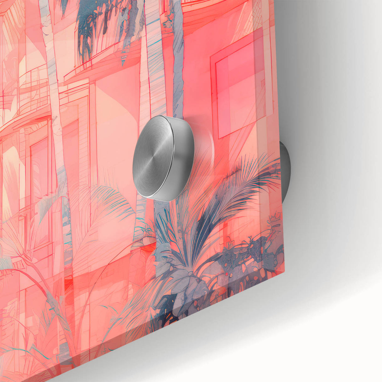 Maximalist Wall Art – Vibrant Urban Oasis with Palm Trees and Sunset Hues