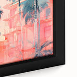 Maximalist Wall Art – Vibrant Urban Oasis with Palm Trees and Sunset Hues