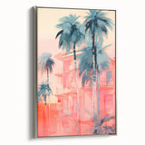 Maximalist Wall Art – Vibrant Urban Oasis with Palm Trees and Sunset Hues