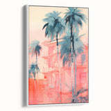 Maximalist Wall Art – Vibrant Urban Oasis with Palm Trees and Sunset Hues
