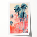 Maximalist Wall Art – Vibrant Urban Oasis with Palm Trees and Sunset Hues