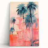 Maximalist Wall Art – Vibrant Urban Oasis with Palm Trees and Sunset Hues