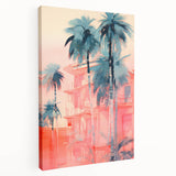 Maximalist Wall Art – Vibrant Urban Oasis with Palm Trees and Sunset Hues