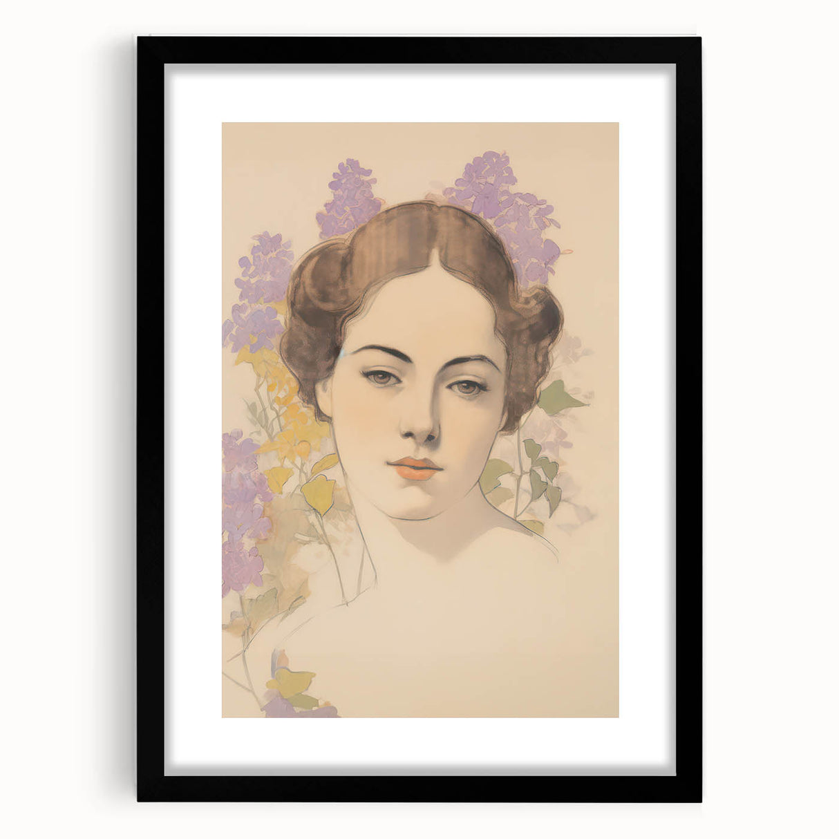 Maximalist Wall Art – Elegant Portrait with Floral Accents for Home Decor