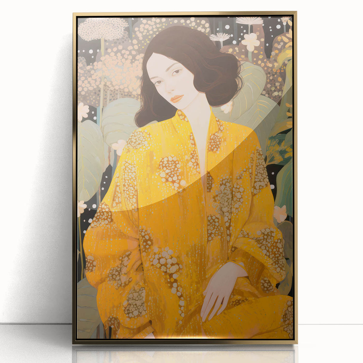 Maximalist Wall Art – Elegant Portrait with Bold Yellow and Floral Motifs