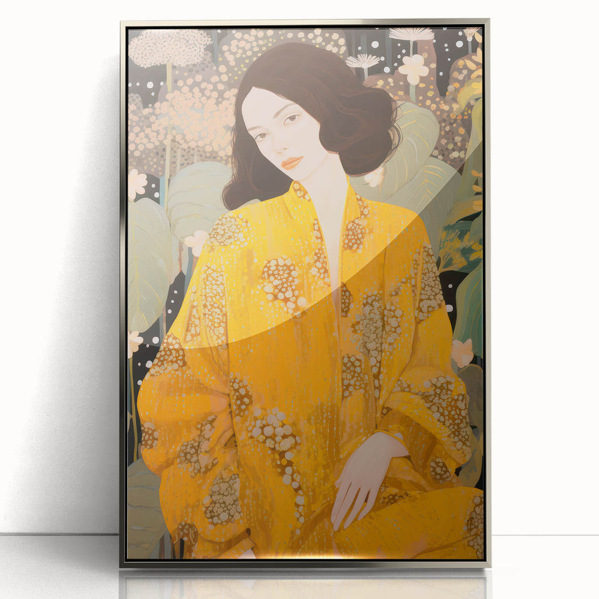 Maximalist Wall Art – Elegant Portrait with Bold Yellow and Floral Motifs