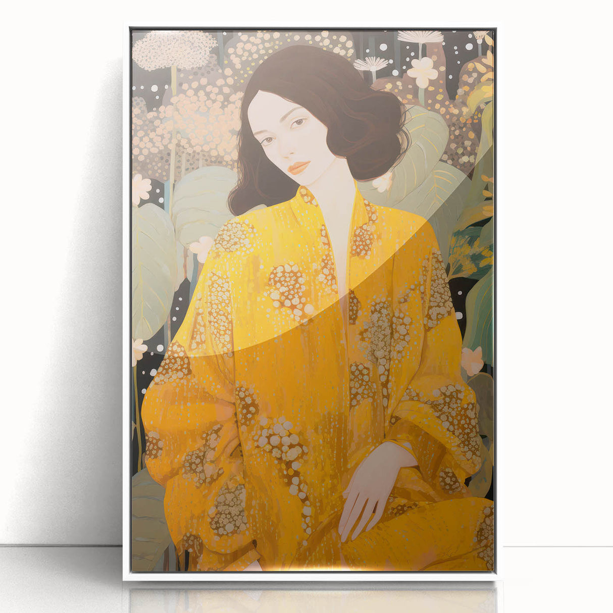 Maximalist Wall Art – Elegant Portrait with Bold Yellow and Floral Motifs