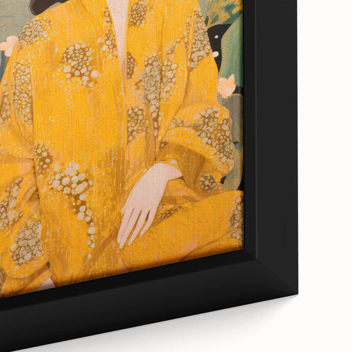 Maximalist Wall Art – Elegant Portrait with Bold Yellow and Floral Motifs