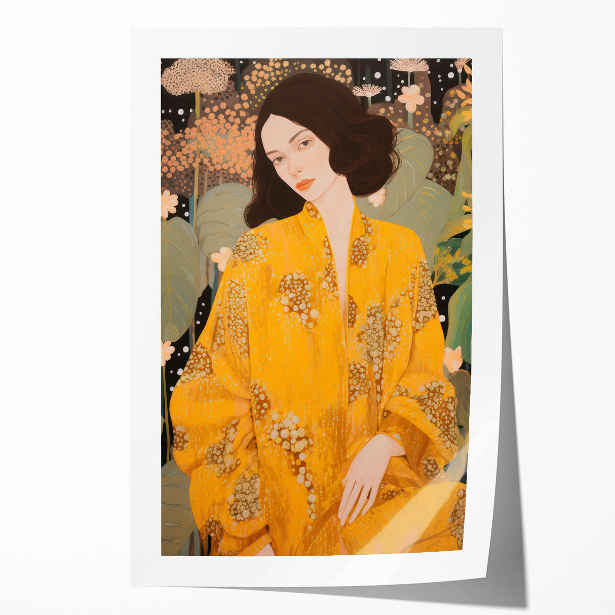 Maximalist Wall Art – Elegant Portrait with Bold Yellow and Floral Motifs