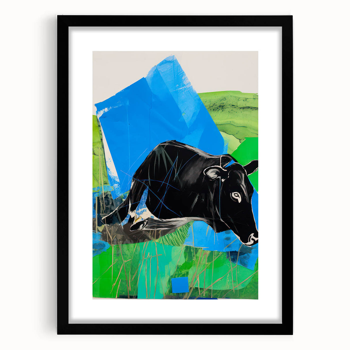 Maximalist Wall Art – Bold Abstract Cow with Vibrant Blue and Green Tones