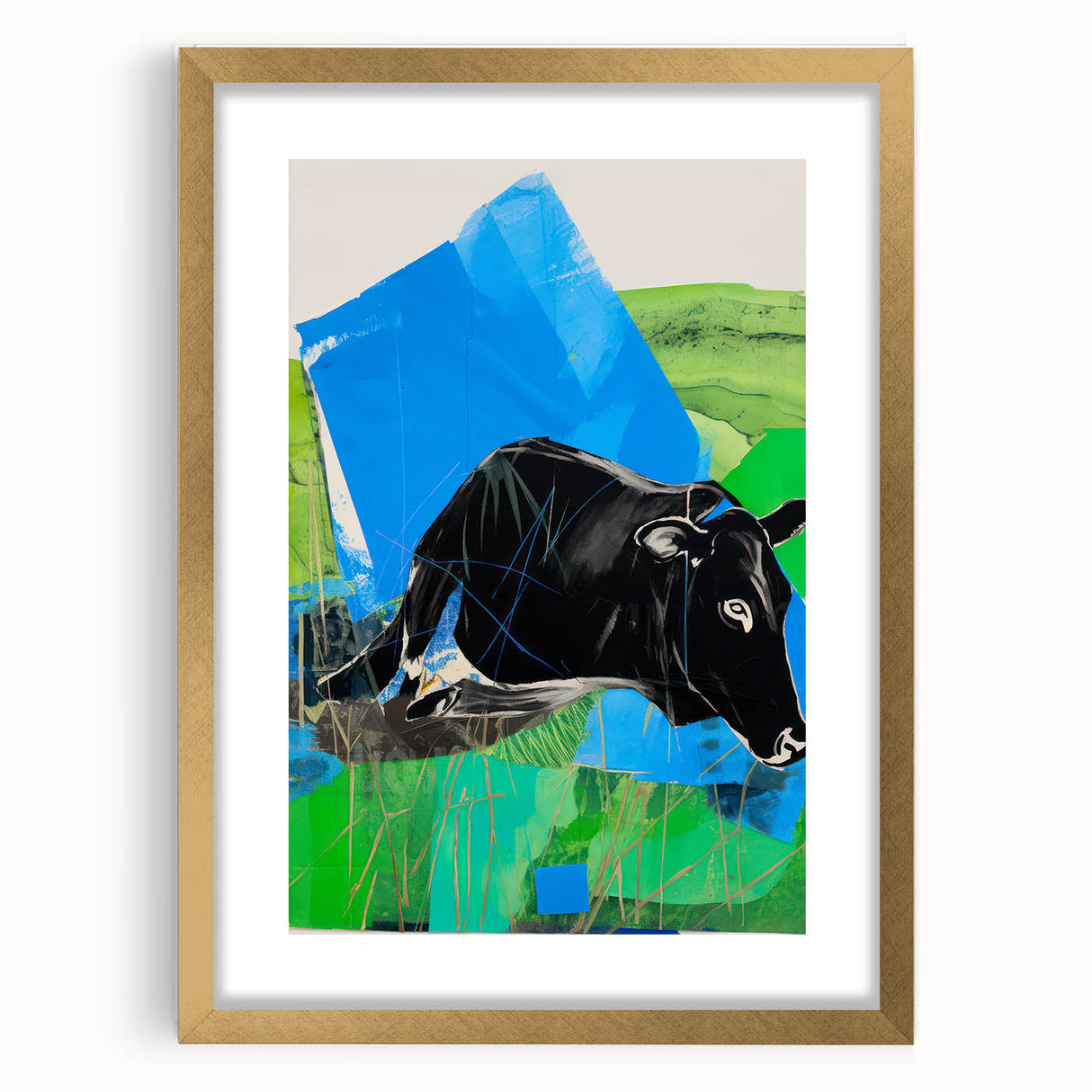 Maximalist Wall Art – Bold Abstract Cow with Vibrant Blue and Green Tones