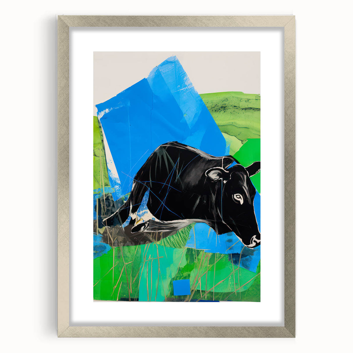 Maximalist Wall Art – Bold Abstract Cow with Vibrant Blue and Green Tones