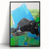 Maximalist Wall Art – Bold Abstract Cow with Vibrant Blue and Green Tones
