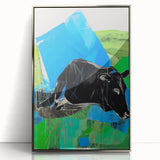 Maximalist Wall Art – Bold Abstract Cow with Vibrant Blue and Green Tones