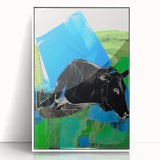 Maximalist Wall Art – Bold Abstract Cow with Vibrant Blue and Green Tones