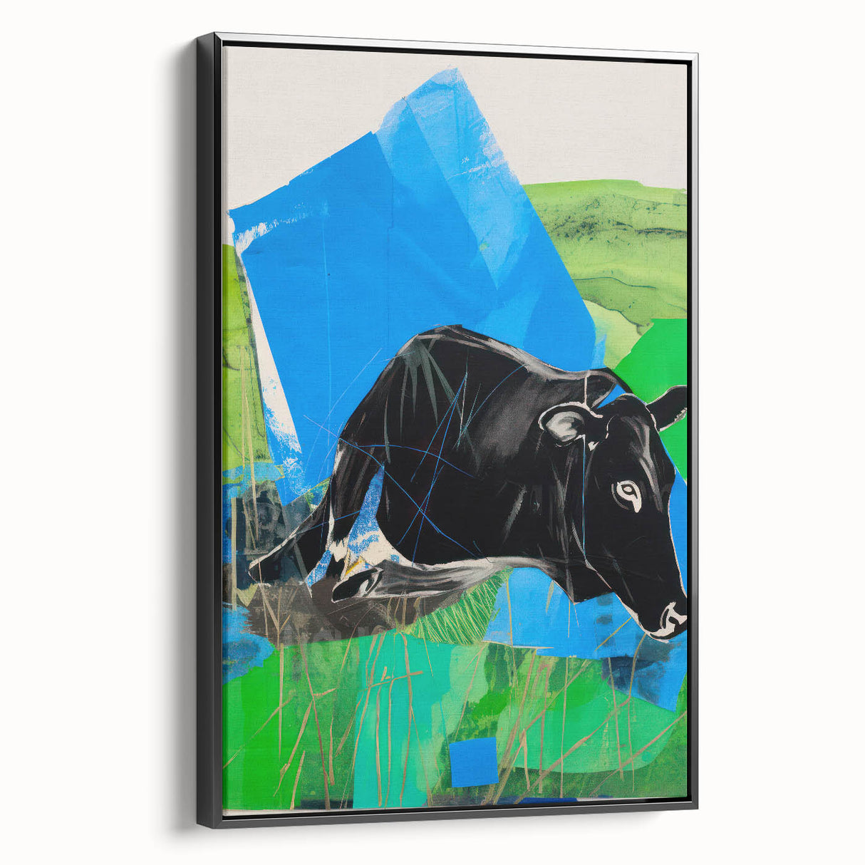 Maximalist Wall Art – Bold Abstract Cow with Vibrant Blue and Green Tones