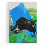 Maximalist Wall Art – Bold Abstract Cow with Vibrant Blue and Green Tones