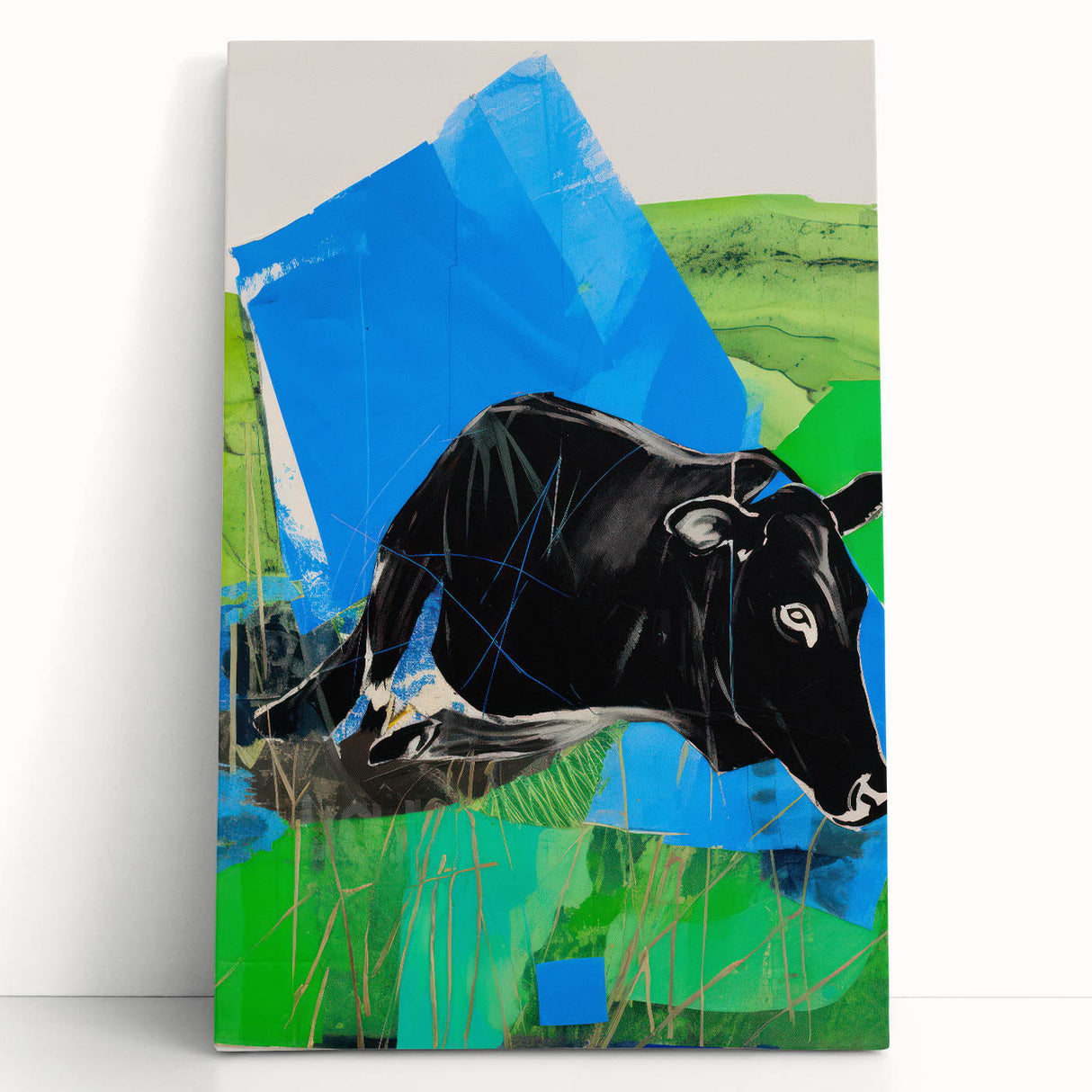 Maximalist Wall Art – Bold Abstract Cow with Vibrant Blue and Green Tones