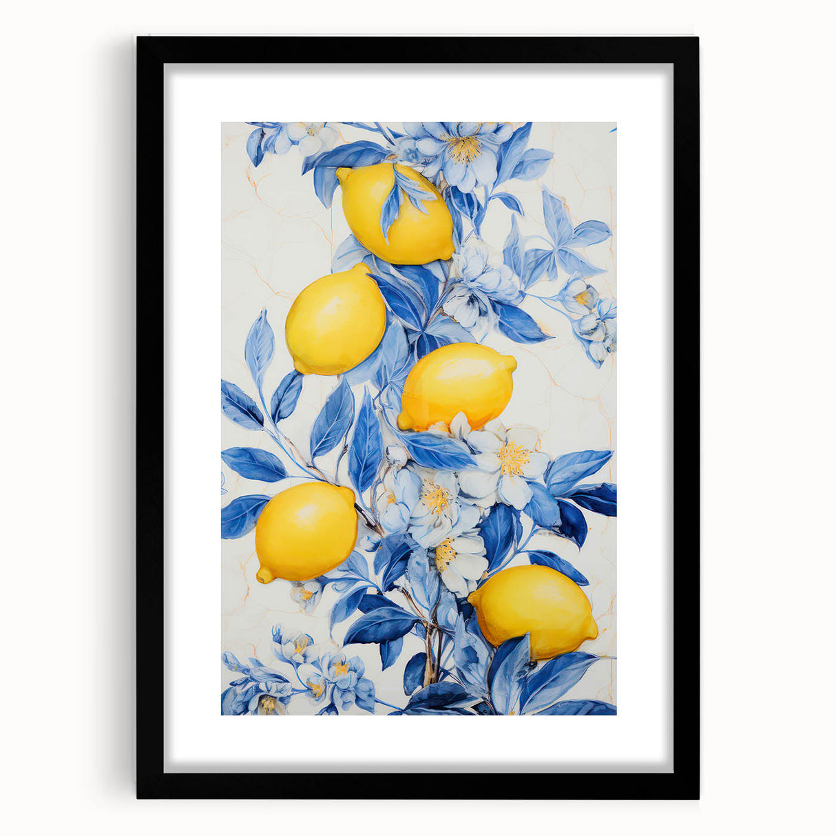 Maximalist Wall Art – Elegant Lemon and Floral Design in Blue and Yellow