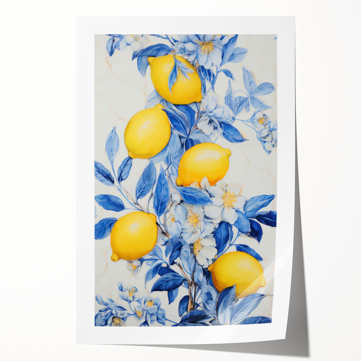 Maximalist Wall Art – Elegant Lemon and Floral Design in Blue and Yellow