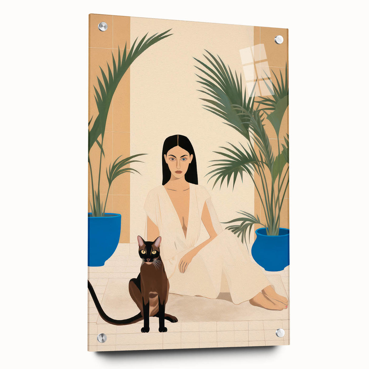 Maximalist Wall Art – Elegant Portrait with Cat and Tropical Accents