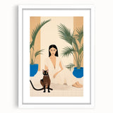 Maximalist Wall Art – Elegant Portrait with Cat and Tropical Accents