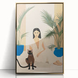Maximalist Wall Art – Elegant Portrait with Cat and Tropical Accents
