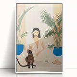 Maximalist Wall Art – Elegant Portrait with Cat and Tropical Accents