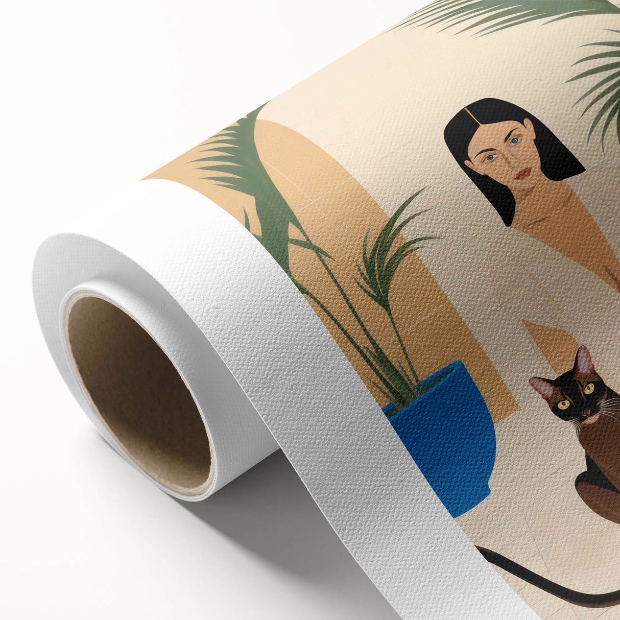 Maximalist Wall Art – Elegant Portrait with Cat and Tropical Accents
