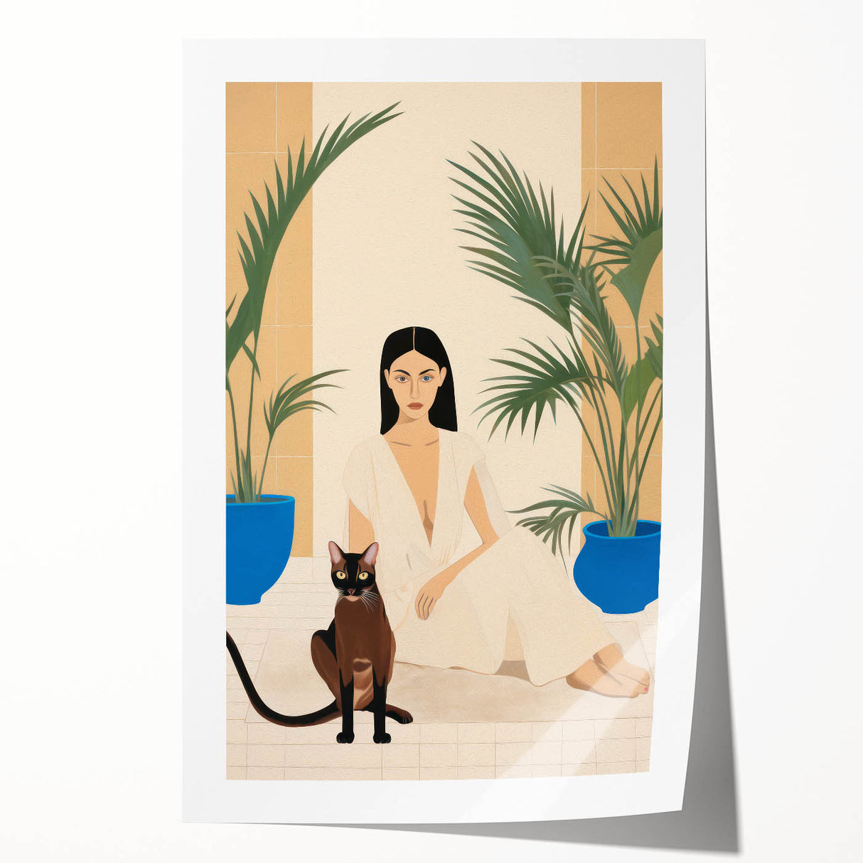 Maximalist Wall Art – Elegant Portrait with Cat and Tropical Accents