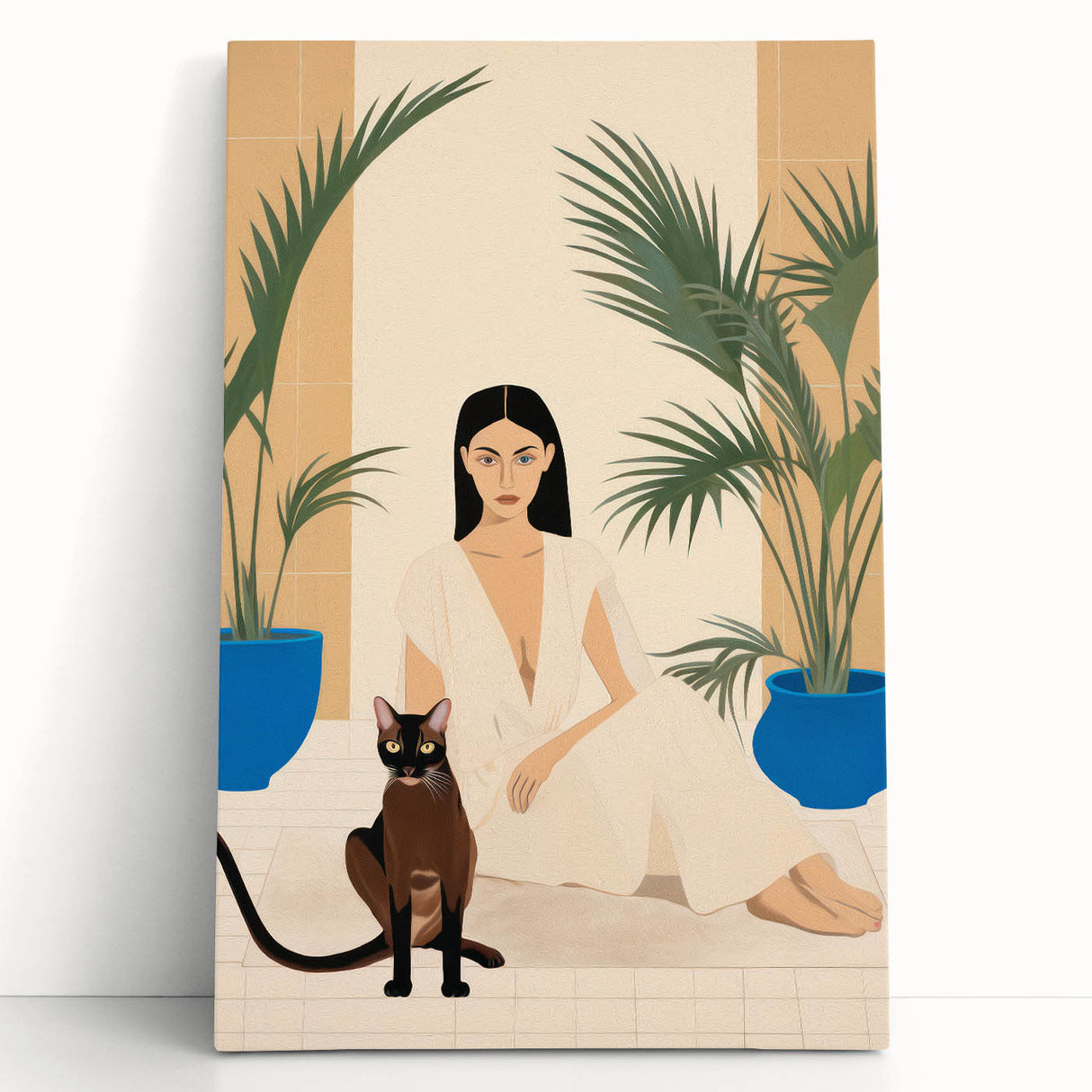 Maximalist Wall Art – Elegant Portrait with Cat and Tropical Accents
